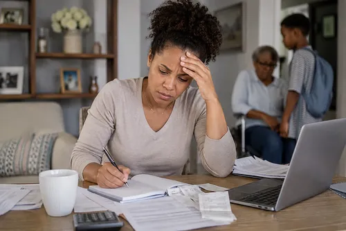A South African woman stressed over debt paperwork at home